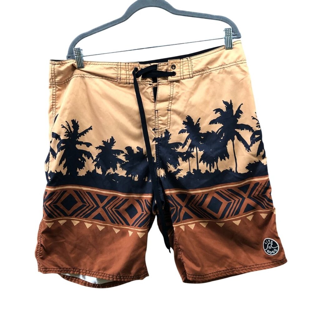 Life Is Good‎ Board Shorts Mens 38 Tan Brown Palm Tree Print Hawaiian Swim 10''